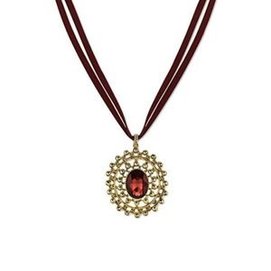 2028 Burgundy Stone & Faux Suede Pendant Necklace